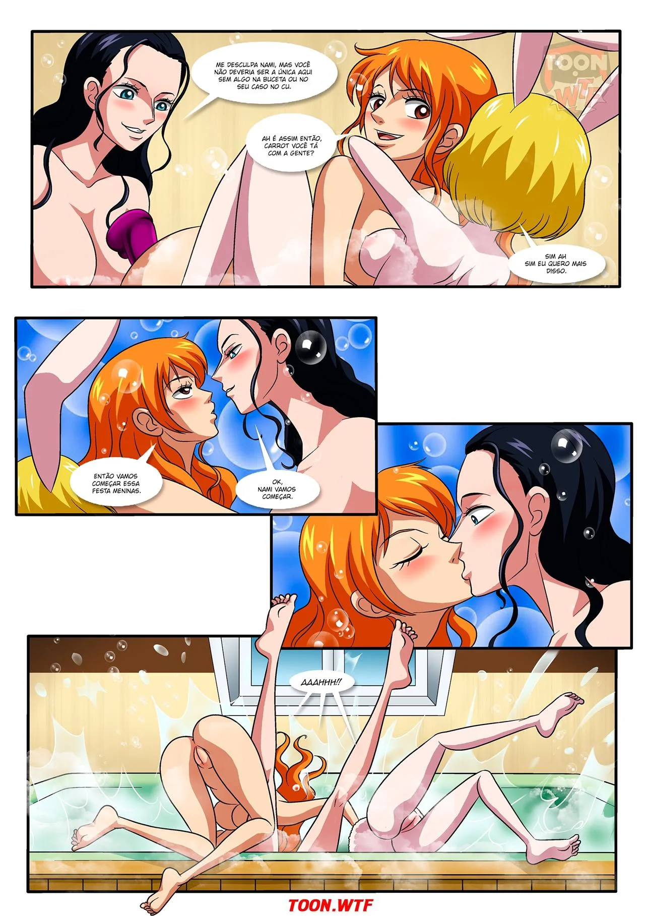 Banho Quente das Piratas: Nami e Carrot na Putaria em Hentai HQ Brasileiro