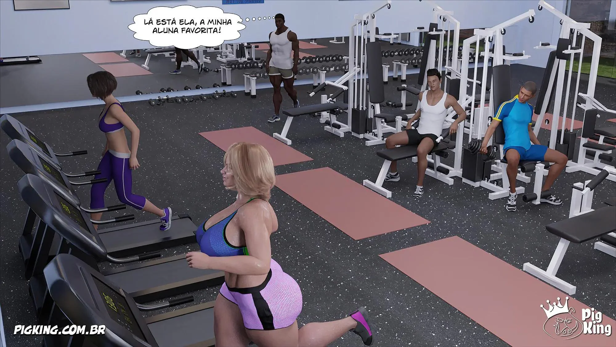 MILF safada provoca tarados na academia e acaba sendo comida pelos filhos em Hentai HQ Brasileiro
