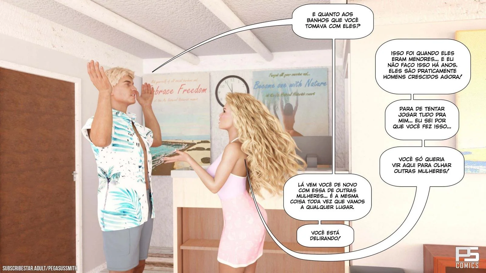 Nudist Resort: Suruba na Ilha da Putaria - Kelly e sua irmã Brandi no meio de muita pica em HQ Brasileiro