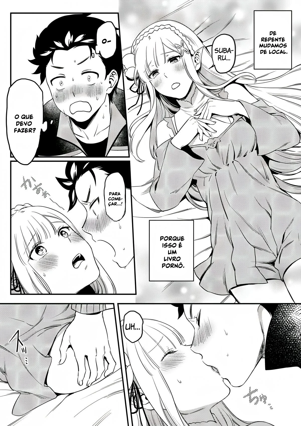 Re Zero Kara Hajimeru: Emilia descobre como os bebês são feitos com Subaru Natsuki" em Anime Hentai HQ Brasileiro