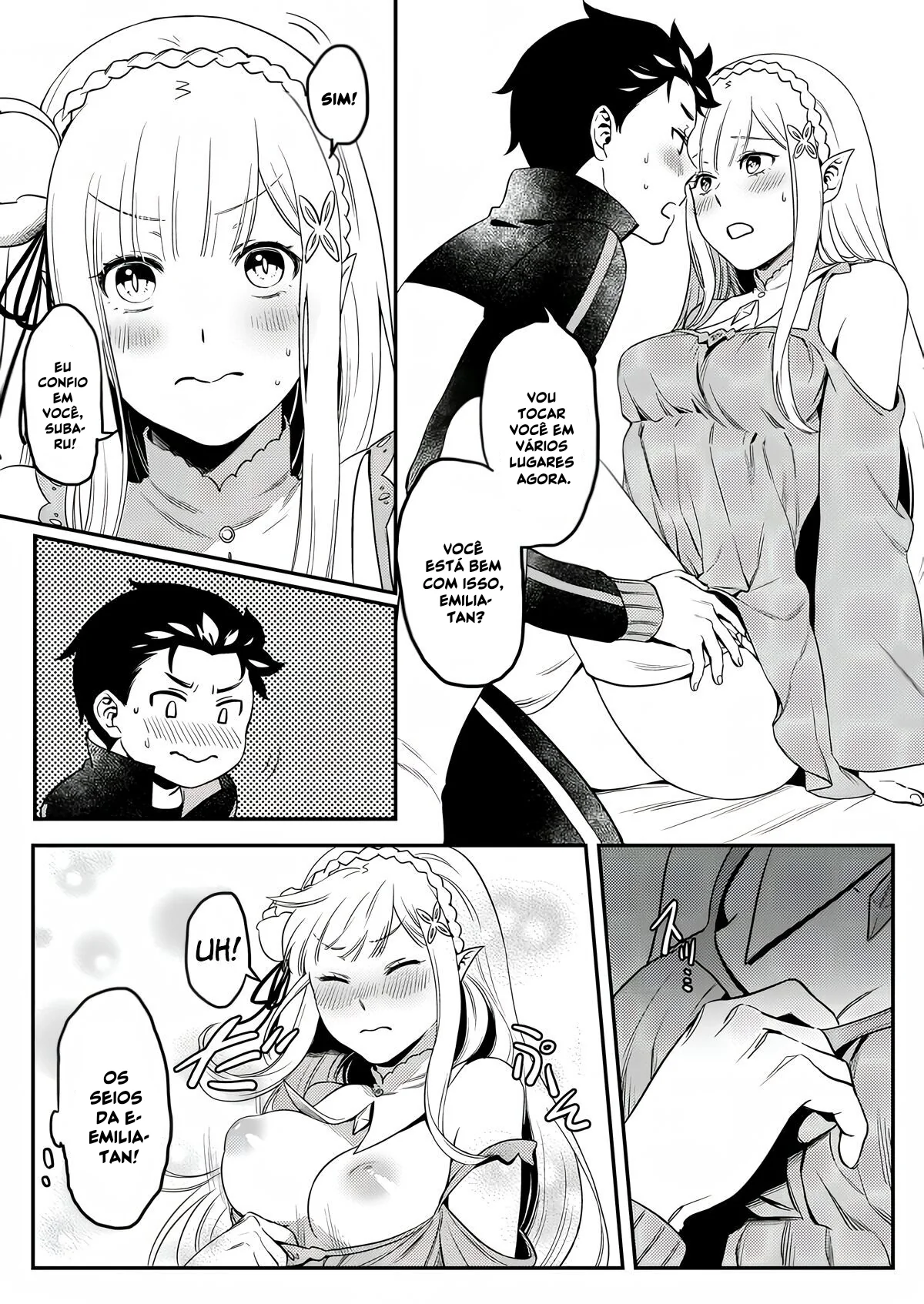Re Zero Kara Hajimeru: Emilia descobre como os bebês são feitos com Subaru Natsuki" em Anime Hentai HQ Brasileiro
